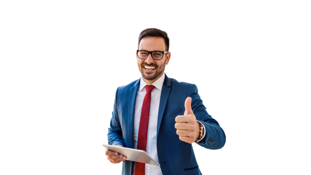 A man in suit smiling and giving thumbs up