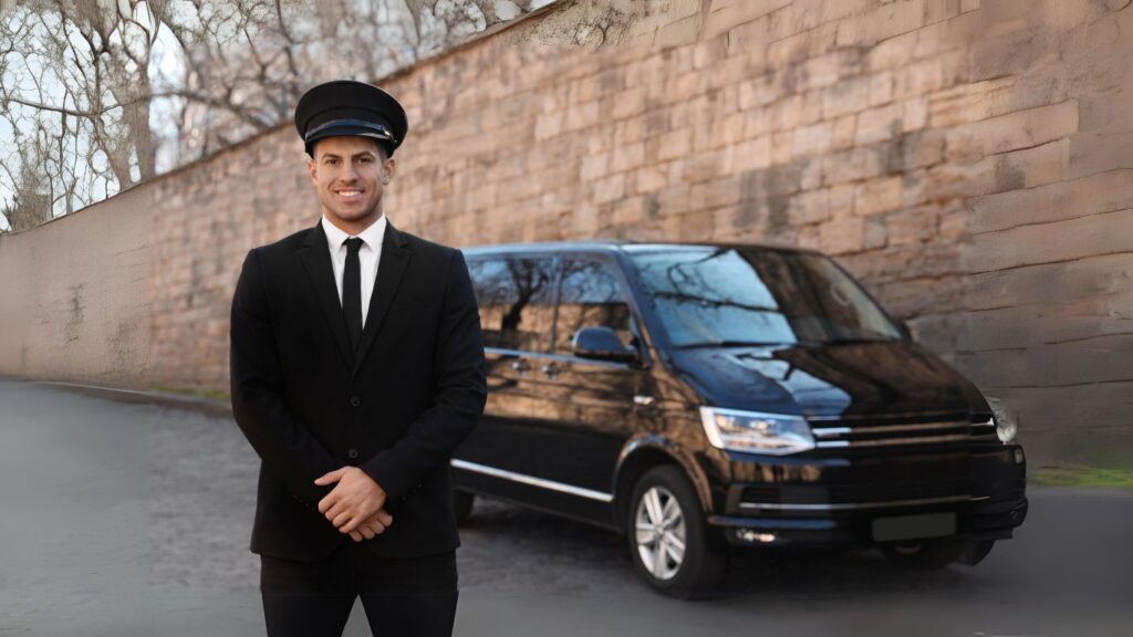 chauffeur in front of a black minivan