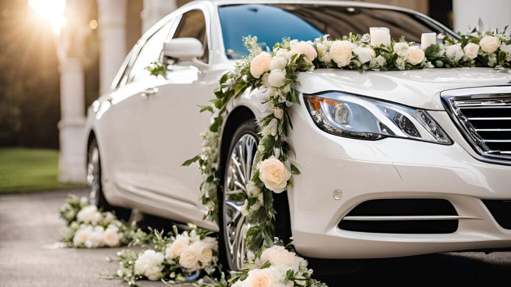 a luxury car adorned with wedding decorations, parked outside a venue