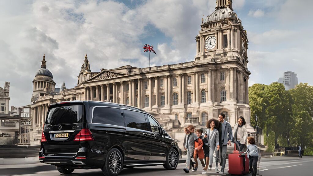 a family happily boarding a black Mercedes minivan, with London parliament in the background.
